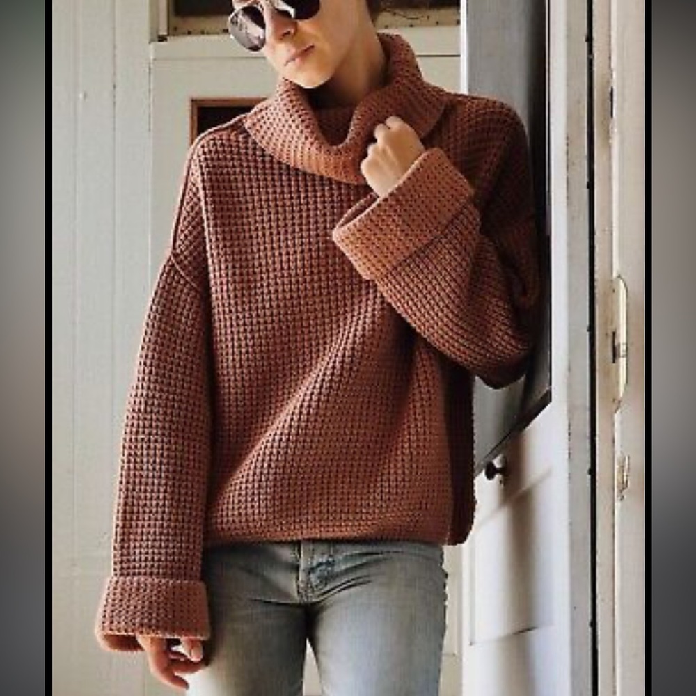 Free People Knitted Turtleneck Sweater Size Medium in Orange